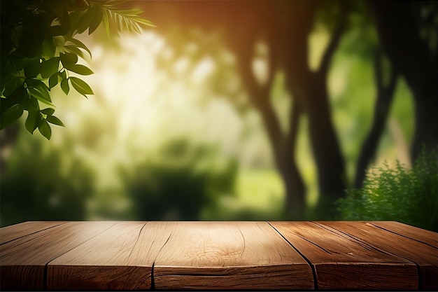 Table en bois vide et arrière-plan flou d'arbres de jardin avec lumière du soleil, modèle d'affichage de produit
