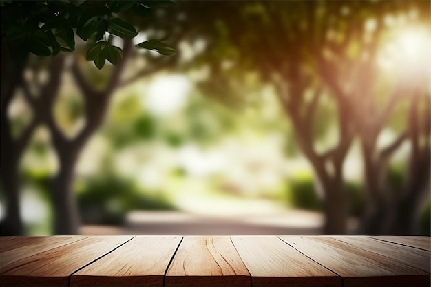 Table en bois vide et arrière-plan flou d'arbres de jardin avec lumière du soleil, modèle d'affichage de produit