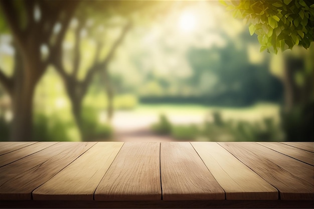 Table en bois vide et arrière-plan flou d'arbres de jardin avec lumière du soleil, modèle d'affichage de produit