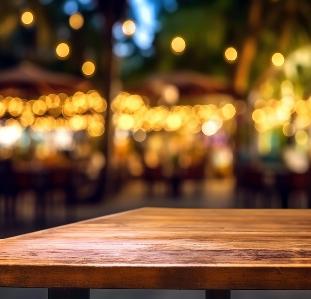 Table en bois vide et arrière-plan flou de café avec lumières bokeh Photo de haute qualité