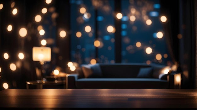 Table en bois vide et arrière-plan flou avec lumières bokeh au café