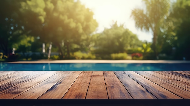 Table en bois vide avec arrière-plan flou pour le produit d'affichage