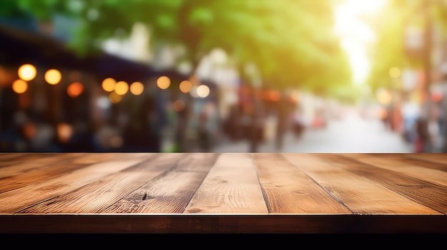 Table en bois vide avec arrière-plan flou