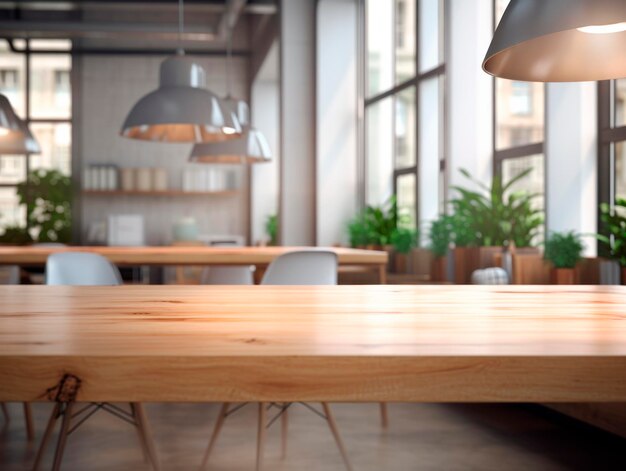 Table en bois vide et arrière-plan intérieur de café flou Maquette d'IA générative