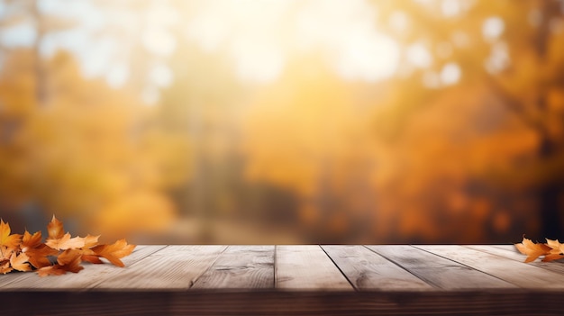 Table en bois vide avec automne pour l'affichage du produit avec fond flou forêt d'automne