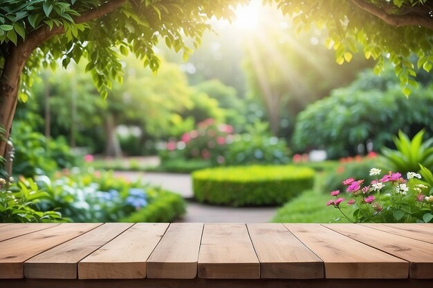 Une table en bois vide avec un beau jardin à l'arrière-plan flou