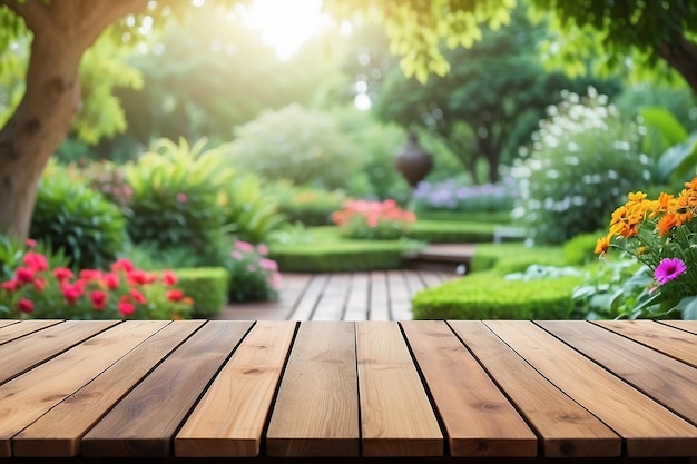 Une table en bois vide avec un beau jardin à l'arrière-plan flou