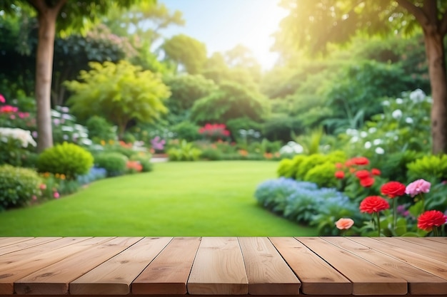 Une table en bois vide avec un beau jardin à l'arrière-plan flou