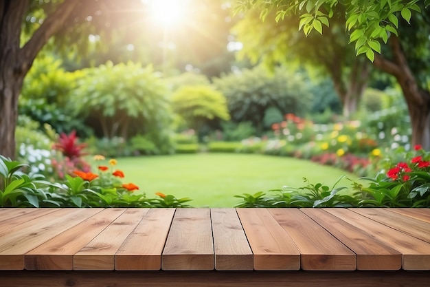 Une table en bois vide avec un beau jardin à l'arrière-plan flou