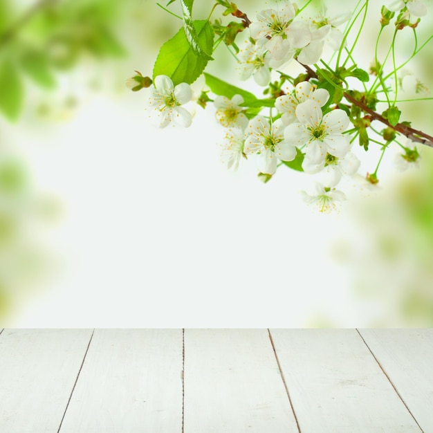 Table en bois vide blanche avec fleurs feuilles vertes et lumière bokeh sur fond de santé de printemps avec espace de copie
