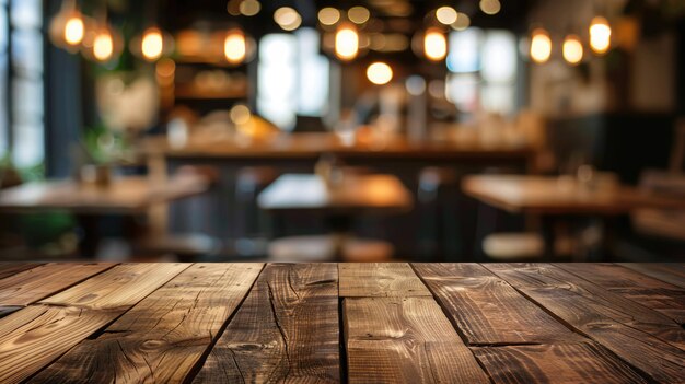 Table en bois vide avec café ou café flou