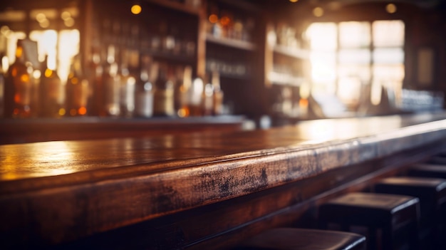 Table en bois vide et comptoir de bar dans un pub ou un restaurant Arrière-plan flou