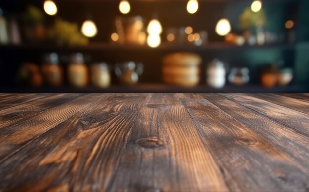 Table en bois vide avec comptoir de lumière bokeh flou fond de cuisine
