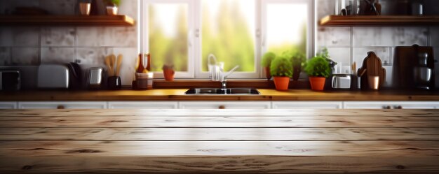 Table en bois vide avec cuisine en arrière-plan