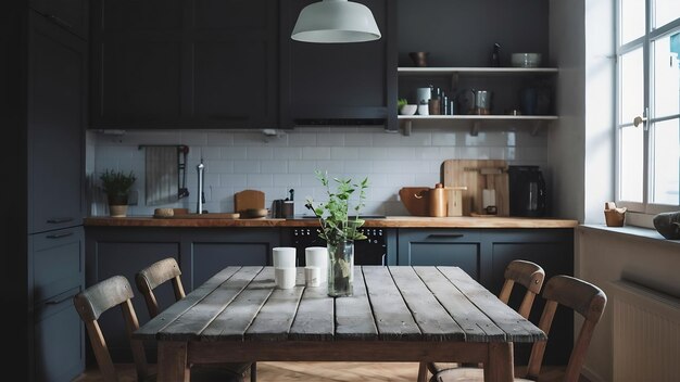 Une table en bois vide sur une cuisine floue