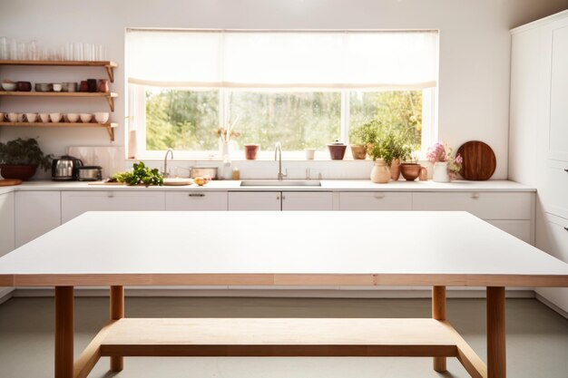 Table en bois vide avec une cuisine moderne en arrière-plan