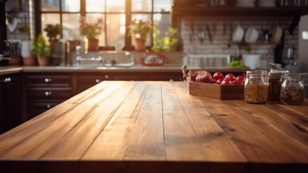 Photo table en bois vide avec cuisine