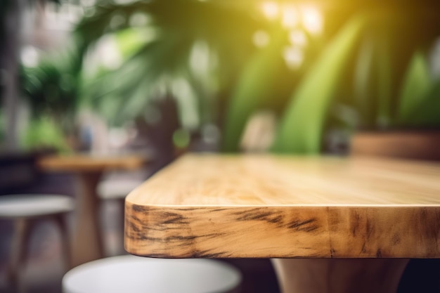 Table en bois vide dans un café-boutique libre Tropiques d'été palmiers arrière-plan flou