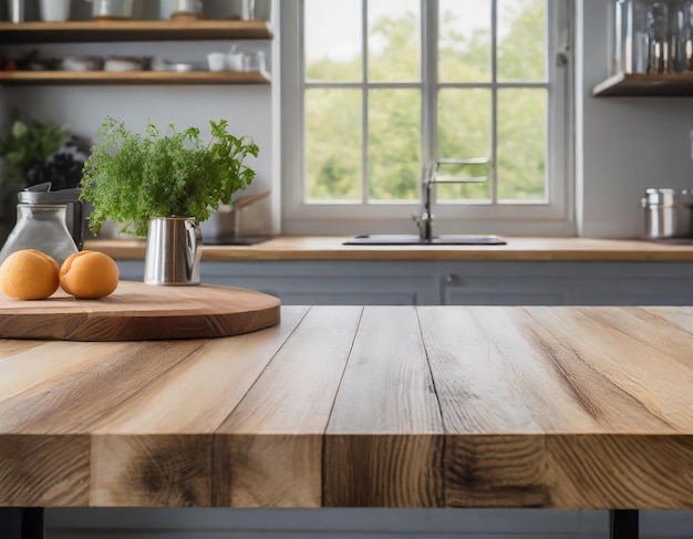 Table en bois vide dans la cuisine avec un fond de fenêtre flou le matin