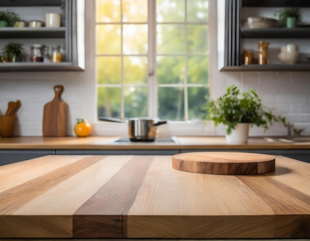 Table en bois vide dans la cuisine avec un fond de fenêtre flou le matin