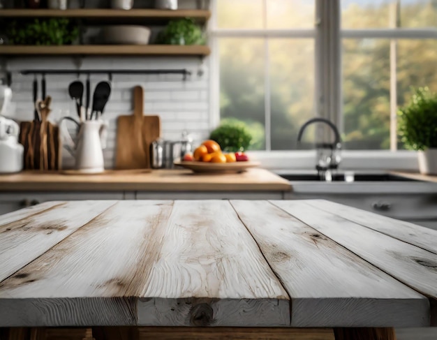 Table en bois vide dans la cuisine avec un fond de fenêtre flou le matin