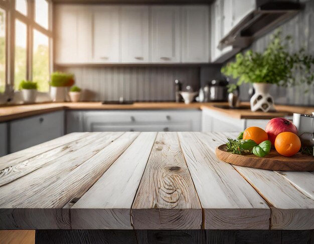 Photo table en bois vide dans la cuisine avec un fond de fenêtre flou le matin