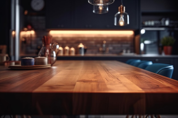 Table en bois vide dans une cuisine moderne café de cuisine ou restaurant Arrière-plan flou Ai généré