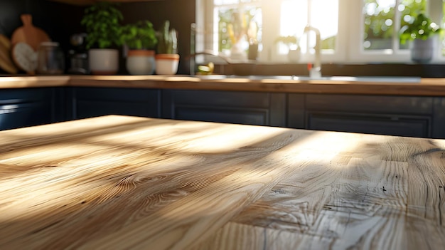 Table en bois vide dans l'intérieur de la cuisine moderne Mock-up pour l'affichage du produit
