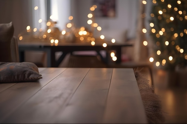 Table en bois vide dans une maison à noël avec illustration générative d'arrière-plan flou ai