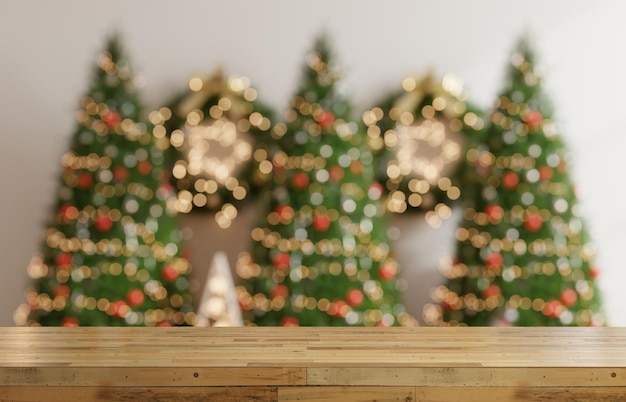 Table en bois vide dans la pièce de l'arbre de Noël avec fond de décoration3d rendu