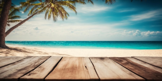 Table en bois vide dans la plage tropicale