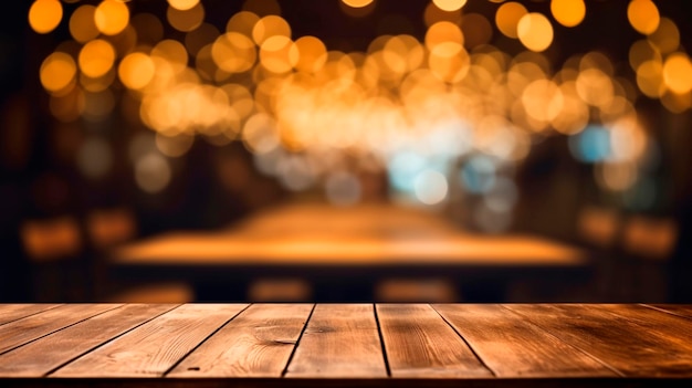 Une table en bois vide dans un pub un fond bokeh flou IA générative