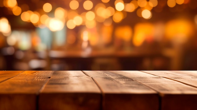 Une table en bois vide dans un pub un fond bokeh flou IA générative