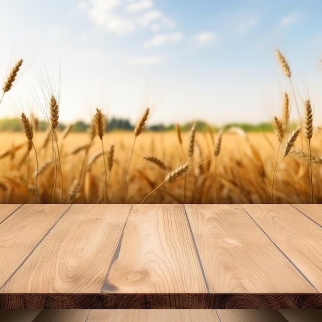 Table en bois vide dans un style moderne pour la présentation du produit avec un champ de blé flou en arrière-plan