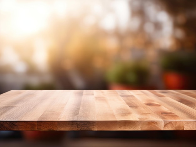 Table en bois vide dans un style moderne pour la présentation du produit avec un champ vide flou en arrière-plan