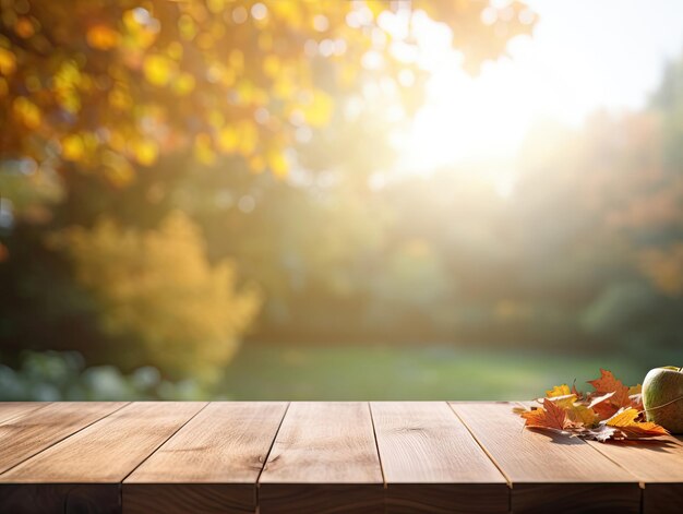 Table en bois vide dans un style moderne pour la présentation du produit avec un paysage d'automne flou en arrière-plan