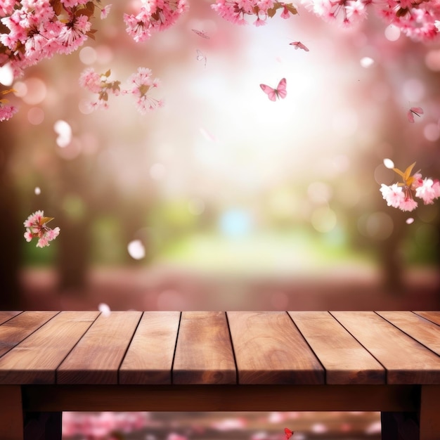 Une table en bois vide dans un verger de cerisiers en fleurs avec des papillons Illustration Generative AI