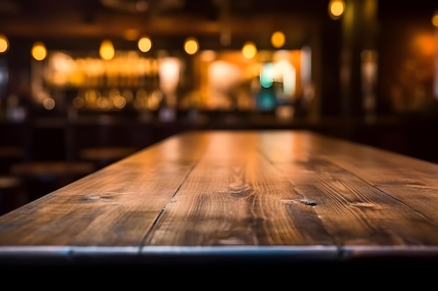 Table en bois vide dans un vieux pub arrière-plan flou ai illustration générative