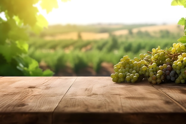 Table en bois vide dans un vignoble avec des raisins fond flou ai illustration générative