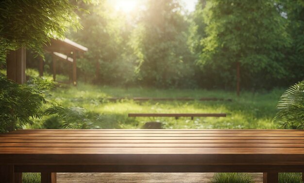 Photo une table en bois vide avec un dessin flou.