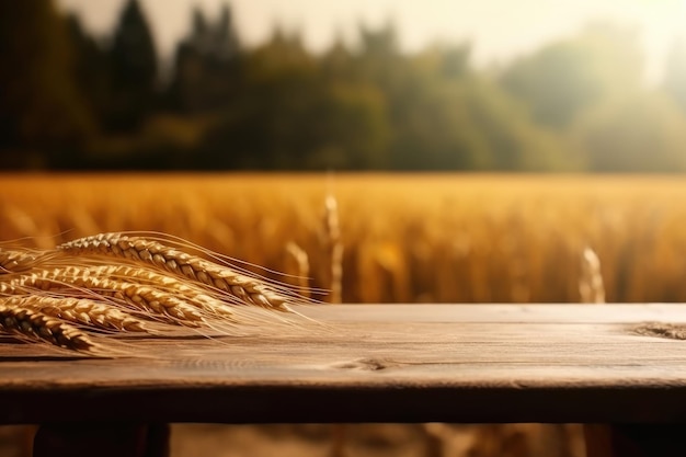 Table en bois vide devant des épis dorés de fond de blé AI générative