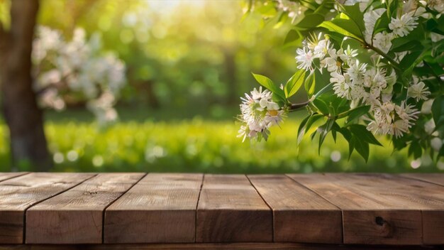Table en bois vide devant le fond de fleurs de printemps Pour l'affichage des produits