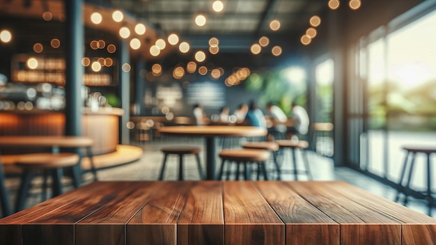 une table en bois vide devant un fond flou abstrait d'un café
