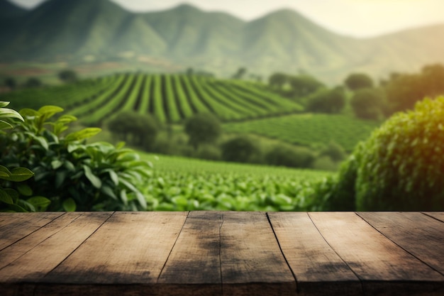 Table en bois vide devant le fond de la plantation de thé