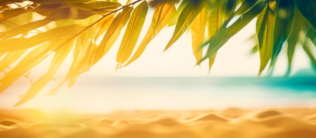 Table en bois vide devant la mer de plage floue et les palmiers Generative Ai