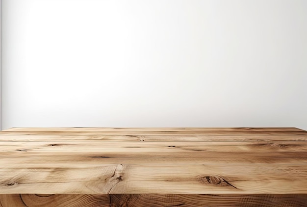 une table en bois vide devant un mur blanc dans le style de surfaces riches en textures