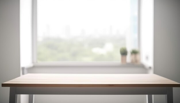 Table en bois vide avec espace de copie dans le salon blanc avec fenêtre Generative AI
