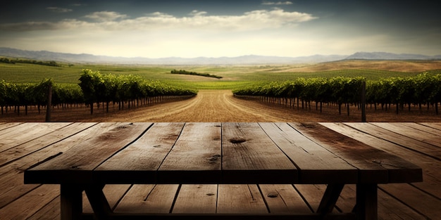 Table en bois vide sur l'espace de copie du vignoble