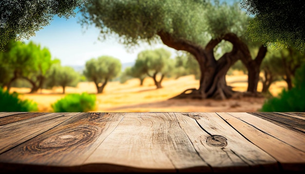 Table en bois vide avec espace libre sur fond de champ d'oliviers pour le générateur de montage d'affichage de produit