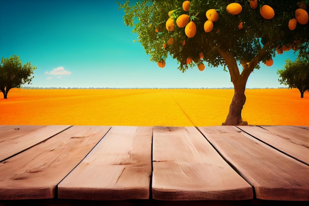 Table en bois vide avec espace libre sur orange